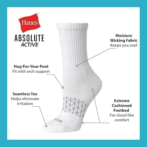 Hanes Women's Cushioned Crew Socks, Absolute Active Crew Socks For Women, Seamless Toe, 4-Pairs thumbnail 2