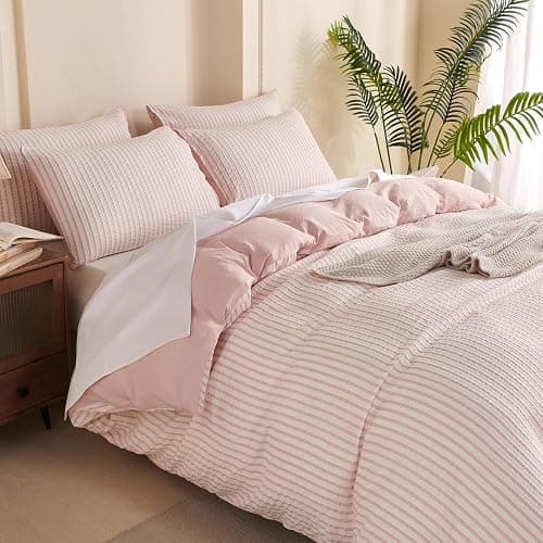 BUPIRD Pink Comforter Set Queen Size Striped 100% Soft Washed Microfiber Jacquard 3 Pieces Striped Bedding Sets Pink White Comforter Queen for All Seasons and 2 Pillowcases Comfort Breathable thumbnail 8