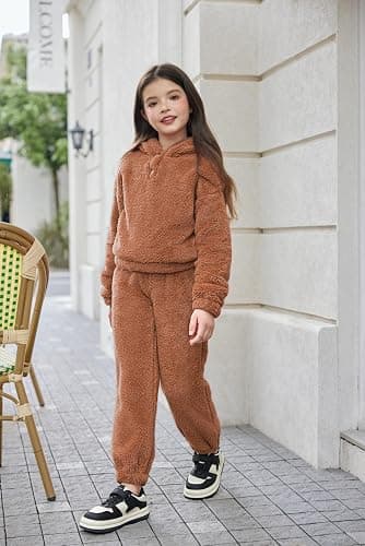 Arshiner Girls 2 Piece Outfits Sweatsuit Fuzzy Long Sleeve Bear Ear Hoodie Sweatshirt and Sweatpant Kids Clothing Sets thumbnail 3