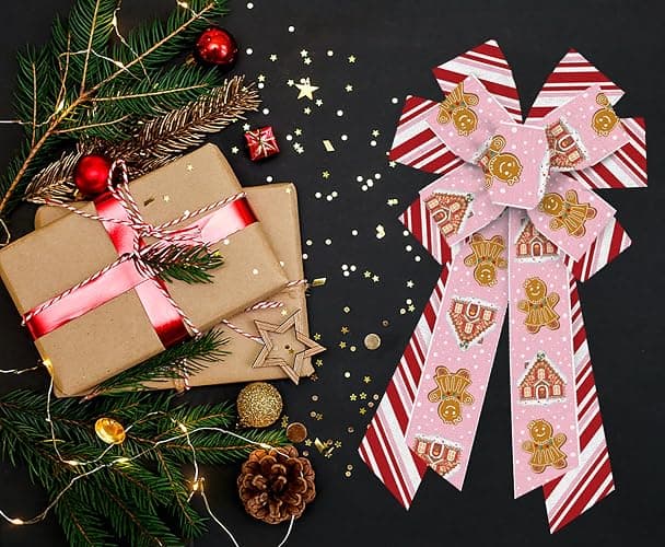 ABTOLS Large Christmas Bows for Wreath, Red Pink White Stripe Wreath Bows Christmas Gingerbread Bows for Front Door, Pink Xmas Decor Burlap Ornament Tree Topper Bows for Christmas Indoor Outdoor Decor thumbnail 5