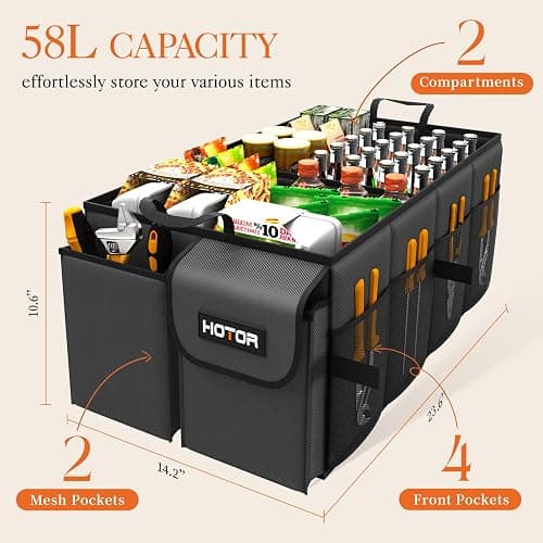 HOTOR Foldable Trunk Organizer - SUVs & Sedans, Sturdy Car Organization With 2 Compartments, Black, 23.6"14.2"10.6" thumbnail 2