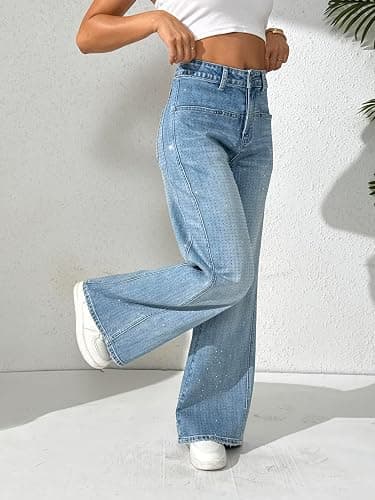 heipeiwa Women's Rhinestone Jeans Wide Leg Flare Denim Pants High Waist Sparkle Shiny Sequin Glitter Trouser thumbnail 3