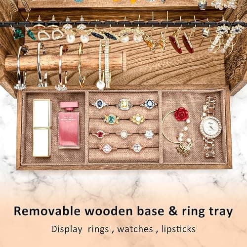 DGWJSU Jewelry Organizer Stand, 5 Layer Earring Holder Organizer with Necklace Holder, Rustic Wood Earring Organizer Display for Stud Earring Bracelet Necklace Ring, Watches thumbnail 4