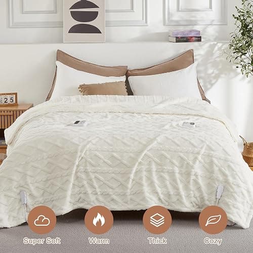 CAROMIO Electric Blanket King Size Dual Control - Thick Tufted Sherpa Heated Blanket with 10 Heating Levels and 10 Time Settings, ETL Certified Fast Heating Blankets King Size 90"×100", White thumbnail 3