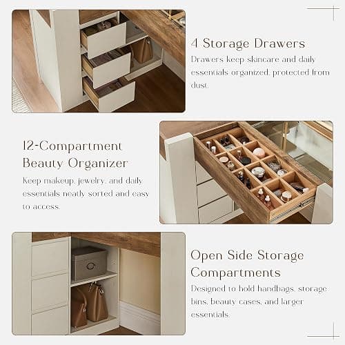 OKD 48" Makeup Vanity Desk with Mirror and Lights, Glass Top, Antique White | Modern L-Shaped Corner Vanity for Women,large mirror,LED Lights,4 Drawers,Open Storage Shelves,Charging Station,Dryer Holder thumbnail 6