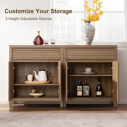 SICOTAS Fluted Buffet Cabinet with Storage - 87" Large Sideboard Modern Storage Cabinet Accent Coffee Bar Console Table with Drawers & Adjustable Shelves for Kitchen Living Room Entryway, Caramel Oak thumbnail 5