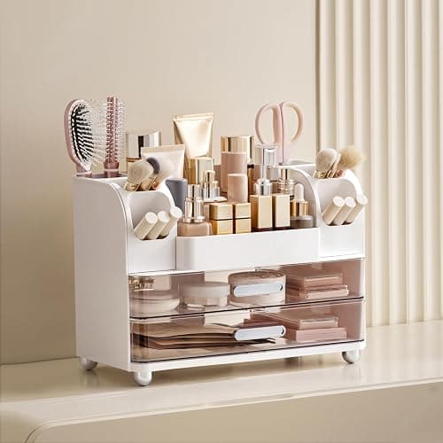 HBlife Makeup Organizer for Vanity with Brush Holder, Large Bathroom Countertop Cosmetic Organizer Skin Care Storage, Easy to Store Lipsticks, Nail Polishes, Perfumes, Eyeshadow Palettes, White thumbnail 2