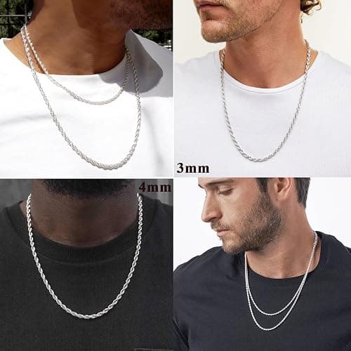 Weddinen 3mm/4mm S925 Sterling Silver Rope Chain Necklace for Men Women, Sturdy Non-Fading Sterling Silver Gold Chain for Men Christmas Jewellery Gifts 16/18/20/22/24 Inch thumbnail 2
