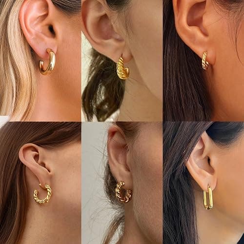 IDJEOABL Gold/Silver/Rose Gold Hoop Earrings Set for Women Non Tarnish | 14K Gold Plated Trendy Chunky Small Huggie for Sensitive Ears Jewelry Twisted Hypoallergenic Waterproof Lightweight Pack thumbnail 6