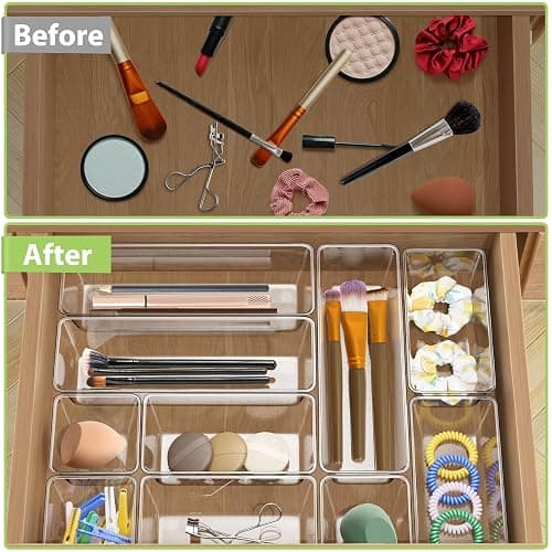 DESK | Amazon | 12 Piece Clear Drawer Organizer Set, 3 Sizes Bathroom Vanity Organizer Trays and Storage Bins for Makeup, Cosmetics, Jewelry, and Gadgets. Perfect for Office, Kitchen, Bedroom, Bathroom Use. thumbnail 4