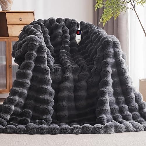 Anysay Heated Blanket Throw with 1/2/4/6/8 Hours Auto-Off 10 Heat Level, 50'' * 60'' Cozy Faux Rabbit Fur Bubble Electric Blanket with Overheat Protection(Dark Grey) - Image 1