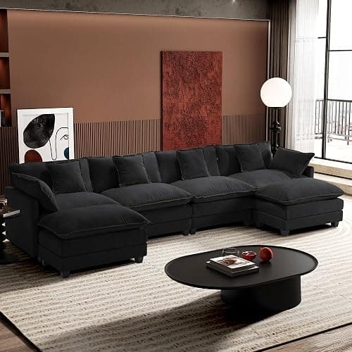 Ihanherry U-Shaped Modern Sofa 146" Modular Sectional Cloud Couch with 2 Ottoman, 6-Seat Chenille Deep Seat Sofa with 6 Pillows for Living Room, Black - Image 1