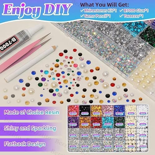 14000Pcs Colorful Flatback Rhinestones and Pearls for Bedazzling Kit, 2-6mm Resin Gems Bedazzling Rhinestone, 4-10mm Flatback Pearls Gems Rhinestones for Crafting DIY Face Makeup thumbnail 3