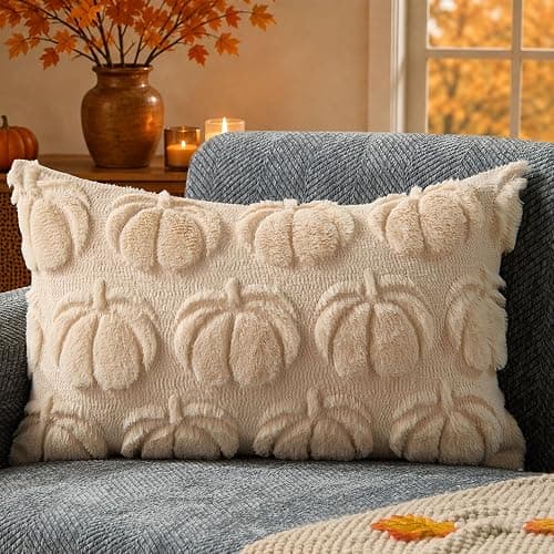 DFXSZ Fall Pillow Covers 12x20 Beige Plush Big Pumpkins Decor YZT100A12 | Soft Plush Faux Fur Wool | Autumn Thanksgiving Throw Pillowcases Decor | Sofa Living Room Home Fall Decorations - Image 1