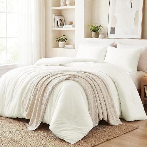 CozyLux Full Size Comforter Set Ivory, 3 Pieces Lightweight Down Alternative Quilted Bedding Sets, All Season Soft Breathable Solid Comforter with 2 Pillowcases, Luxury Soft Bed Set for Home thumbnail 9