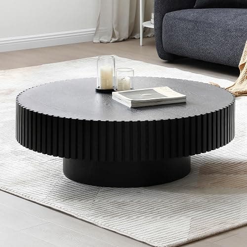 JUSTONE 31.5" Modern Farmhouse Black Round Coffee Table - Wood Drum Accent Table for Living Room,Handcrafted Relief Carving,ø31.5" x 13.8"H (Black) - Image 1