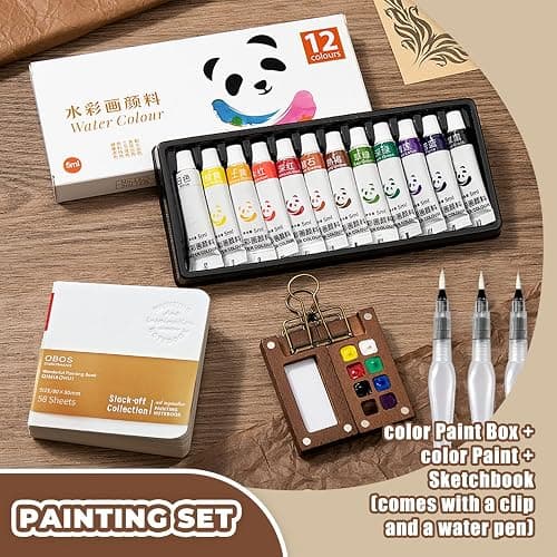 MUZMDNI Mini Watercolor Paint Set Portable, Travel Grid Paint Palette Box with Binder Clips Include Paint, Brush*3 and Picture Album Art Materials Coloring Markers (Brown Wood-S) thumbnail 5