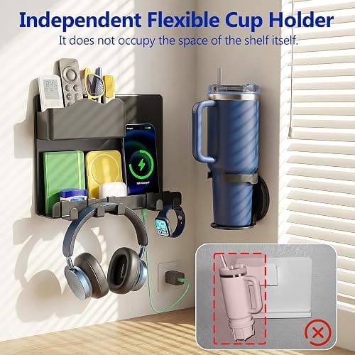 Bedside Wall Shelf for Teen Girls Boys Dorm Room Essentials Bunk Bed Stuff | Adhesive Floating Shelves with Flexible Cup Holder, Guys Room Decor Aesthetic Stick Bedroom Accessories Organizer thumbnail 5