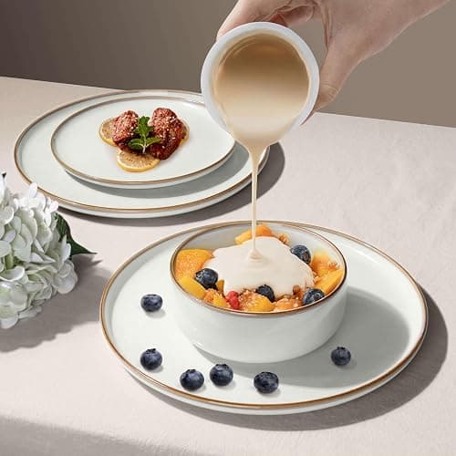 Herogo Plates and Bowls Set for 4, 12 Pieces Stoneware Dinnerware Sets, Double Reactive Glaze, Microwave & Dishwasher Safe, Scratch Resistant, Ivory White thumbnail 7
