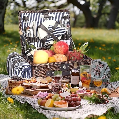 YPshuye Picnic Basket Set for 4 with Waterproof Blanket Mat Insulation Bag Wicker Navy Blue Vintage Classic Gift for Christmas Thanksgiving Wedding Birthday Camp Outdoor Beach Travel thumbnail 8