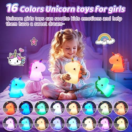 Unicorn Toys Night Light, 16 Colors Night Light Kids, Silicone Gilrs Toys | Dimmable, Soft Silicone Touch, 12 Hours Use, Nightlight, Unicorn toys for Girls Age 3 4 5 6, Baby, Toddlers, Kids Room Decor thumbnail 3