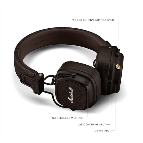 Marshall Major V Wireless On-Ear Bluetooth Headphones - 100+ Hr Playtime | Detachable Audio Cable | Microphone for Calls | Lightweight, Foldable Design for Travel - Brown thumbnail 6
