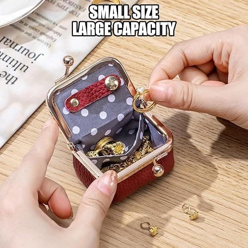Genuine Cow Leather Mini Jewelry Box & Coin Purse for Women, Travel Jewelry Case with Kiss Lock, Holds Earrings, Rings, Necklace, Bracelet, Coins (Green) thumbnail 3