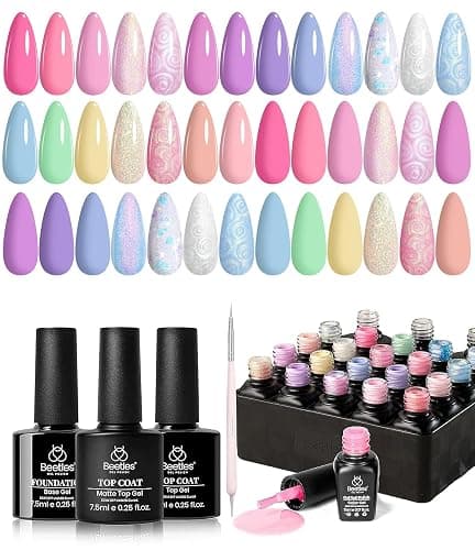 Beetles Gel Nail Polish Set, 24 PCS 20 Colors Pastel Macaron Gel Polish Kit | Pink Blue Purple Gel Colors, with Base Coat Glossy&Matte Top Coat, A Double-Ended Brush for Uv Led Manicures - Image 1