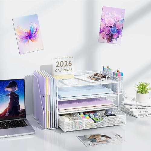 gianotter Desk Organizers and Accessories with File Holder, 4-Tier Desk Accessories & Workspace Organizers with Drawer and 2 Pen Holder, Paper Organizer for Office Supplies (White) thumbnail 7