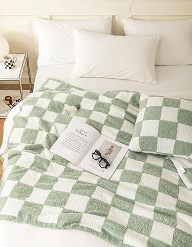 Ultra Soft Cozy Buffalo Checkerboard Grid Fluffy Microfiber Queen Size Bed Blanket Checkered Knitted Blanket Lightweight Fleece for Sofa Couch Bed Travel (Matcha, Queen：90"X90") thumbnail 5