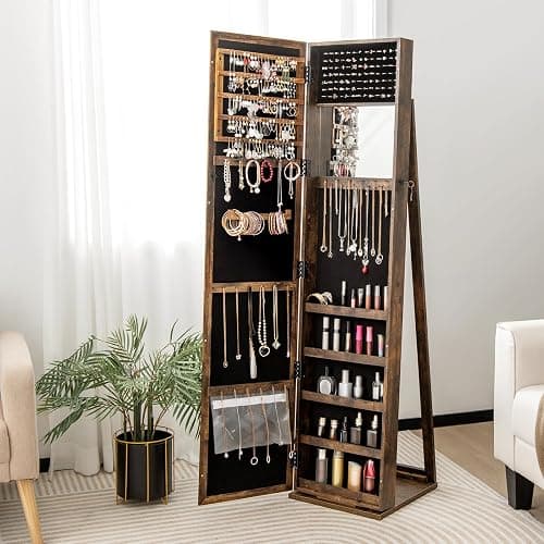 CHARMAID Jewelry Armoire with Full Length Mirror, Lockable Standing Jewelry Cabinet Organizer with Large Storage Capacity, Inside Makeup Mirror, Stable Base, Easy Assembly (Rustic Brown) thumbnail 2