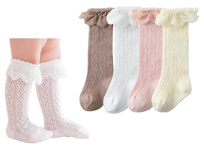 CHUNG Toddler Baby Girls Knee Hight Stocking Cotton Socks 0-7Years Solid Color Bowknot Thin Spring Summer - 3-12 Months - 4 Pairs Lace