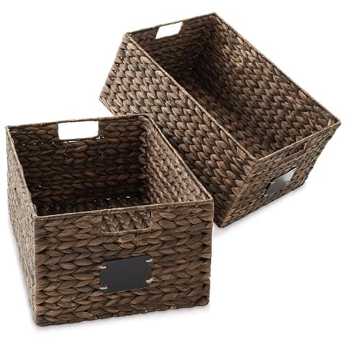 Casafield Set of 2 Water Hyacinth Pantry Baskets, 12-1/2" x 17" x 8", with Chalkboard Labels and Chalk Marker - Espresso, Woven Storage Bin Organizers for Kitchen Shelves thumbnail 4