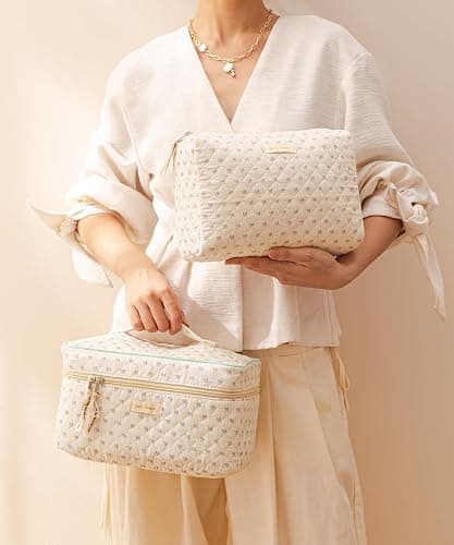 HBselect Quilted Makeup Bag, 3Pcs Cotton Large Travel Makeup Bags Organizer | Cute Floral Make up Bag Cosmetic Bag Toiletry Bag for Women Girls, Makeup Pouch for Skincare, Brushes & Travel Essentials thumbnail 7