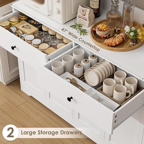 HIFIT 71" LED Kitchen Pantry Cabinet with Power Outlet, Large Kitchen Hutch Storage Cabinet with Arched Door & Shelves & 2 Drawers, Tall Modern Coffee Bar with Hutch for Home Dining Living Room, White thumbnail 5