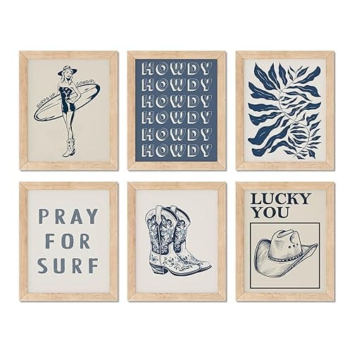 TwoDays Coastal Granddaughter Prints, Coastal Cowgirl Poster, Beachy Room Decor Aesthetic, Beach Wall Art for Teen Girls Bedroom, Vintage Surf Decorations Artwork (8" x 10", Set of 6, UNFRAMED)