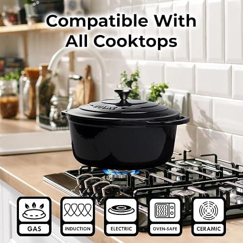 Zulay Kitchen 6 Quart Enameled Cast Iron Dutch Oven Pot with Lid – Premium Durability & Oven Safe up to 500°F – Heavy Duty Cookware Perfect for Bread Baking, Stews, Braising & Roasting – Black thumbnail 5