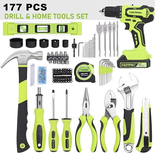 FASTPRO 177-Piece 20V Cordless Lithium-ion Drill Driver and Home Tool Set, Household Repairing Tool Kit with Drill in Storage Case, Green thumbnail 3