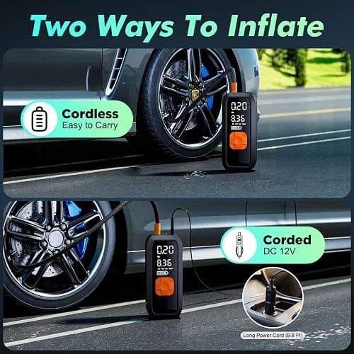 Portable Tire Inflator Air Compressor, 150 PSI Fast Cordless Pump, Dual Power (Battery + 12V DC),Auto Shut-Off, 5 Modes, Digital Dual Display for Car Truck Bike Tires, Balls, Inflatables thumbnail 6