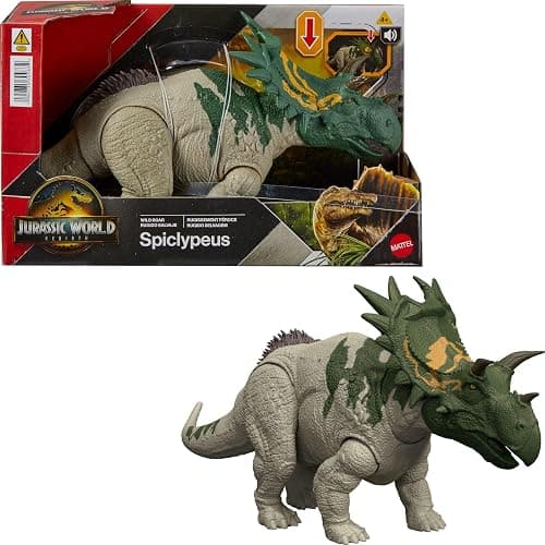 Mattel Jurassic World Rebirth Wild Roar Dinosaur Toy, Spiclypeus Posable Figure, Tail-Controlled Head Butt & Thrash Attack & Sound, Digital Play - Image 1