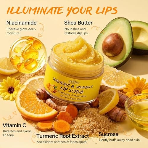 Turmeric Lip Scrub for Dark Lips Vitamin C Lip Scrubber Exfoliator Hydrating Moisturizing Exfoliating Lip Care for Dry Chapped Lips to Remove Dead Skin Smooth Dry Lines with Brush thumbnail 3