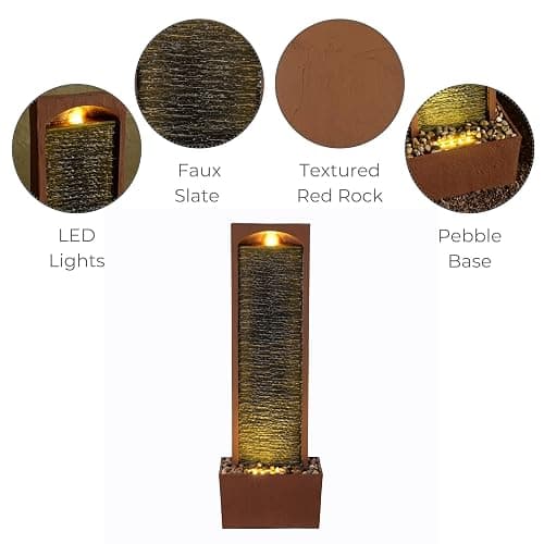 Teamson Home 38.5" Faux Slate Contemporary Outdoor LED Waterfall Fountain with Pebble Base, Red Rock thumbnail 4