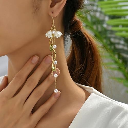 Aishgjia Dangle Flower Leaf Earring White Fairy Flower Summer Dangling Long Tassel Earrings Lily Of The Valley Earrings Jewelry thumbnail 4
