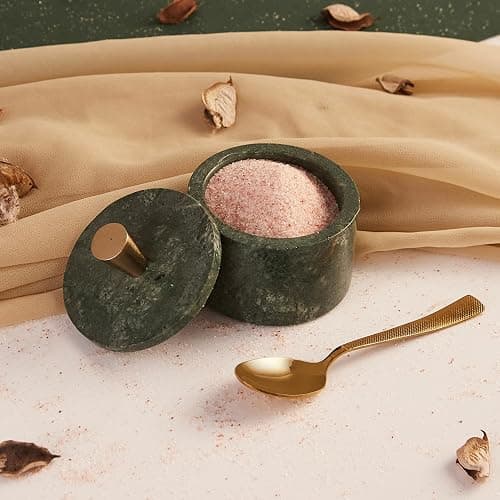 Queenza Green Marble Salt Cellar with Lid & Brass Knob - Natural Marble Spice Container for Kitchen Countertop, Gourmet Salt Holder, Small Decorative Storage Box, Gift for Home Chef thumbnail 2