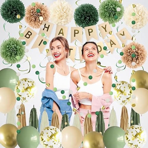 Green Birthday Party Decorations for Women Girls with Happy Birthday Banner,Tissue Paper Pompoms, Paper Tassel,Circle Garland,Hanging Swirl,Decorations Balloons for Party Decor (sage green) thumbnail 4