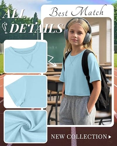LessonZoo 4 Pack Girls Crop Tops 5-14Y Short Sleeve T-Shirts Tween Crew Neck Teen Oversized Cute Cropped Summer Athletic Tee thumbnail 4
