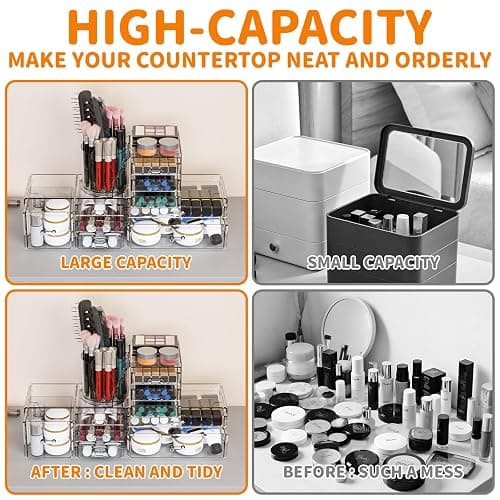 3 Pack Clear Makeup Organizer & Cosmetic Storage Cases for Vanity,Bathroom,Dresser Countertop,Cute Skincare Organizers with Brush Holder & Acrylic Makeup Storage Organizer for Beauty Products,Lipstick - 9 Drawer thumbnail 4