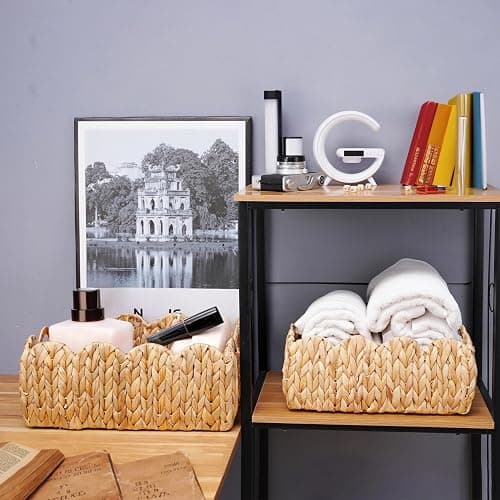 LUSYDECO Set of 2 Scalloped Edge Wicker Storage Basket with Built-in Handles, Rectangle Water Hyacinth Basket for Organizing, Decorative Woven Rattan Basket for Shelf, Nursery Room thumbnail 2