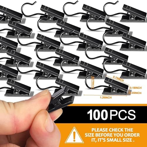 Teenitor 100 Pack Small Curtain Clips Curtain Hooks for Outdoor String Lights, Stainless Steel Clips for Hanging Curtain Hooks for Drapes, Black thumbnail 2