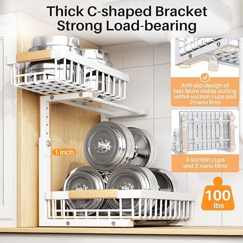 PXRACK Under Sink Organizer, Adjustable Height, 2 Tier Pull Out Under Cabinet Organizer, Slide Out Thickened Metal Under Sink Storage for Kitchen Bathroom Laundry Pantry Cabinet, White, Large-2-Pack thumbnail 6